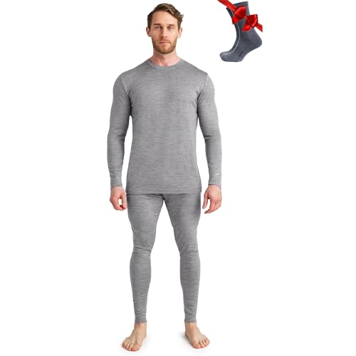 Merino.tech 100% Merino Unterwäsche Herren Set - Leicht Thermounterwäsche Merinowolle, Langarm Shirt und Hose + Wandersocken aus Merinowolle (Large, LITE 165 Heathered Grey) von Merino.tech