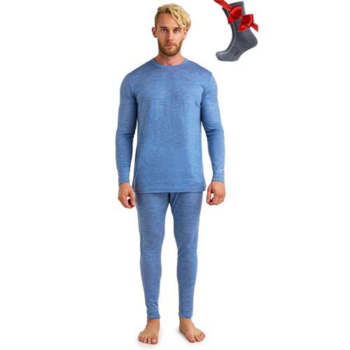 Merino.tech 100% Merino Unterwäsche Herren Set - Leicht Thermounterwäsche Merinowolle, Langarm Shirt und Hose + Wandersocken aus Merinowolle (Medium, 165 LITE Deep Blue) von Merino.tech