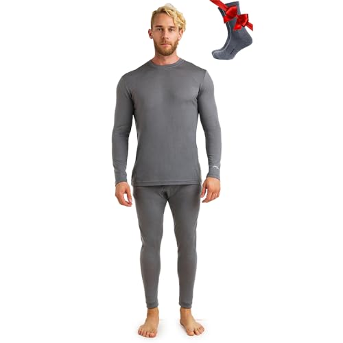 Merino.tech 100% Merino Unterwäsche Herren Set - Leicht Thermounterwäsche Merinowolle, Langarm Shirt und Hose + Wandersocken aus Merinowolle (Small, 165 LITE Perfect Grey) von Merino.tech