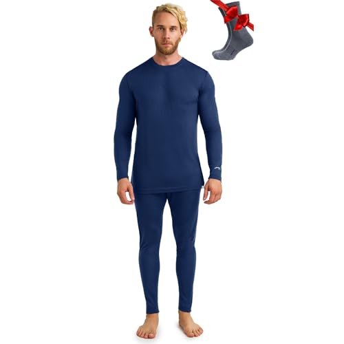 Merino.tech 100% Merino Unterwäsche Herren Set - Leicht Thermounterwäsche Merinowolle, Langarm Shirt und Hose + Wandersocken aus Merinowolle (X-Large, LITE 165 Navy) von Merino.tech