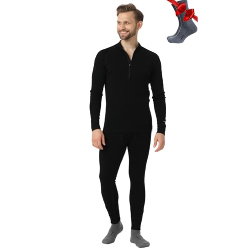 Merino.tech 100% Merino Unterwäsche Herren Set - Mittelgewicht, Thermounterwäsche Merinowolle, Langarm Shirt und Hose + Wandersocken aus Merinowolle (Large, 250 Black Zip-up Set) von Merino.tech