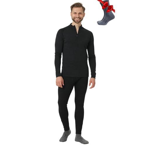 Merino.tech 100% Merino Unterwäsche Herren Set - Mittelgewicht, Thermounterwäsche Merinowolle, Langarm Shirt und Hose + Wandersocken aus Merinowolle (Large, 250 Charcoal Grey Zip-up Set) von Merino.tech