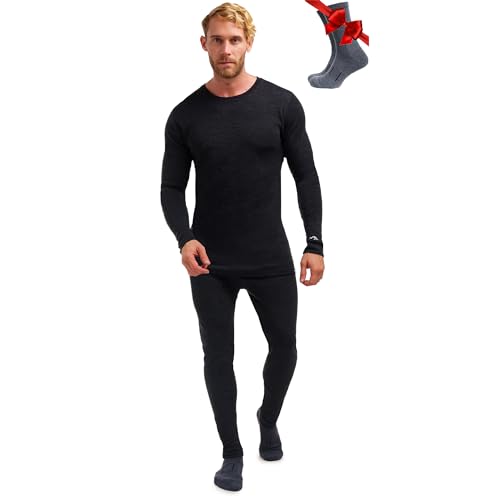 Merino.tech 100% Merino Unterwäsche Herren Set - Mittelgewicht Thermounterwäsche Merinowolle, Langarm Shirt und Hose + Wandersocken aus Merinowolle (XXX-Large, 250 Charcoal Grey) von Merino.tech