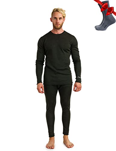 Merino.tech 100% Merino Unterwäsche Herren Set - Schwergewicht Thermounterwäsche Merinowolle, Langarm Shirt und Hose + Wandersocken aus Merinowolle (X-Large, 320 Army Green) von Merino.tech