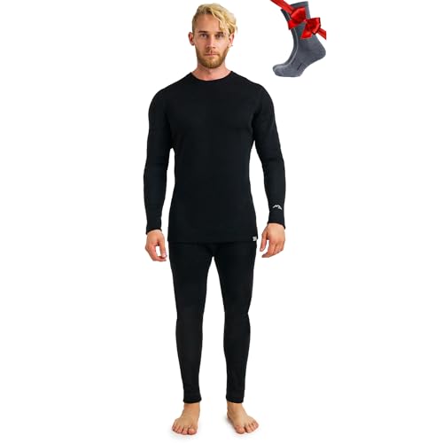 Merino.tech 100% Merino Unterwäsche Herren Set - Schwergewicht Thermounterwäsche Merinowolle, Langarm Shirt und Hose + Wandersocken aus Merinowolle (XX-Large, 320 Black) von Merino.tech