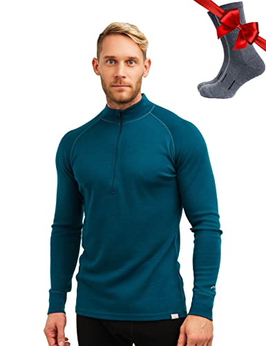 Merino.tech 100% Merinowolle Half Zip Pullover Herren – Atmungsaktiv Merino Unterwäsche Herren mit Reißverschluss (Large, 250 Deep Teal) von Merino.tech