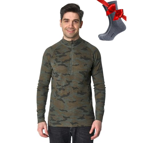 Merino.tech 100% Merinowolle Half Zip Pullover Herren – Atmungsaktiv Merino Unterwäsche Herren mit Reißverschluss (Medium, 250 Camo) von Merino.tech