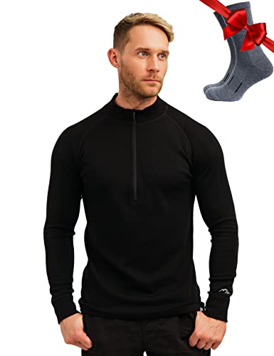 Merino.tech 100% Merinowolle Half Zip Pullover Herren – Atmungsaktiv Merino Unterwäsche Herren mit Reißverschluss (X-Large, 250 Black) von Merino.tech