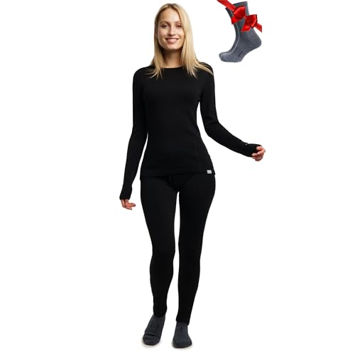 Merino.tech Merino Baselayer Set für Damen - Mittelschwere Thermo-Unterwäsche aus Merinowolle für Damen Oben und Unten (Large, 250 Black) von Merino.tech