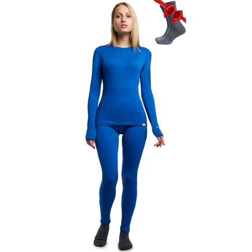 Merino.tech Merino Baselayer Set für Damen - Mittelschwere Thermo-Unterwäsche aus Merinowolle für Damen Oben und Unten (Large, 250 Cobalt Blue) von Merino.tech