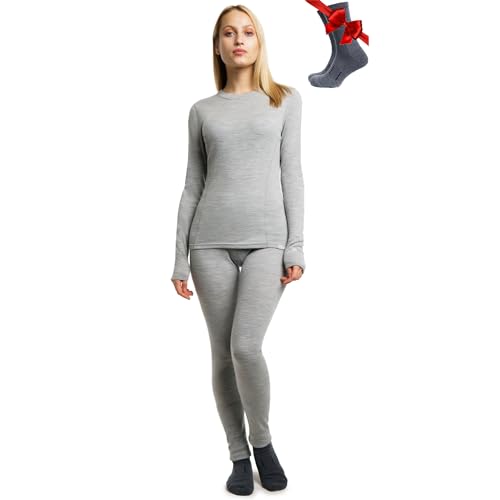 Merino.tech Merino Baselayer Set für Damen - Mittelschwere Thermo-Unterwäsche aus Merinowolle für Damen Oben und Unten (Large, 250 Gray Heather) von Merino.tech