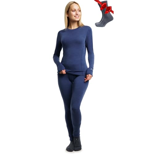 Merino.tech Merino Baselayer Set für Damen - Mittelschwere Thermo-Unterwäsche aus Merinowolle für Damen Oben und Unten (Large, 250 Windsor Blue) von Merino.tech