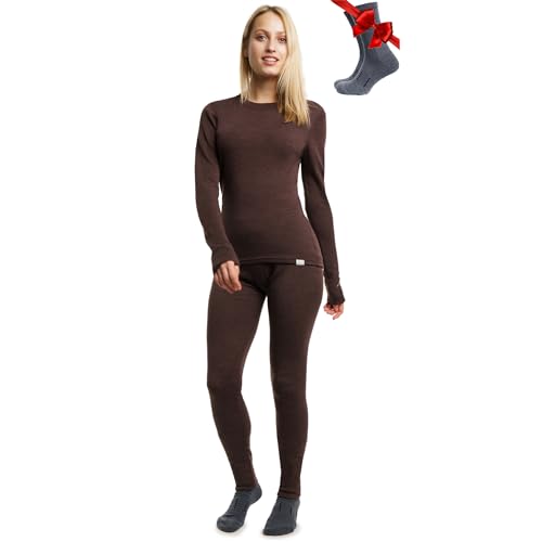 Merino.tech Merino Baselayer Set für Damen - Mittelschwere Thermo-Unterwäsche aus Merinowolle für Damen Oben und Unten (Medium, 250 Chocolate) von Merino.tech