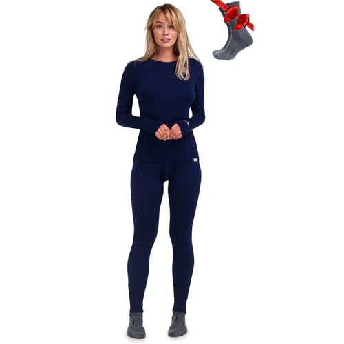 Merino.tech Merino Baselayer Set für Damen - Mittelschwere Thermo-Unterwäsche aus Merinowolle für Damen Oben und Unten (Medium, 250 Navy) von Merino.tech