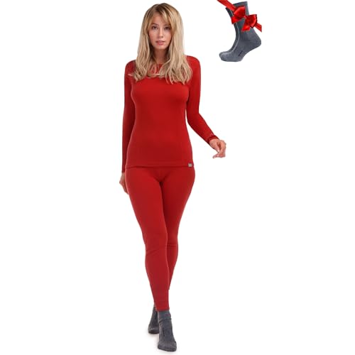 Merino.tech Merino Baselayer Set für Damen - Mittelschwere Thermo-Unterwäsche aus Merinowolle für Damen Oben und Unten (X-Small, 250 Cherry Red) von Merino.tech