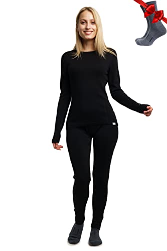 Merino.tech Merino Baselayer Set für Damen - Schwere Thermo-Unterwäsche aus Merinowolle für Damen Oben und Unten (X-Large, 320 Black) von Merino.tech