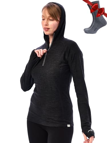 Merino.tech Merino Kapuzenpullover Damen - Merino Hoodie, Thermo Shirt Damen Langarm mit Kapuze (Large, 190 Charcoal Grey) von Merino.tech