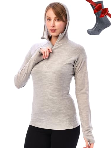 Merino.tech Merino Kapuzenpullover Damen - Merino Hoodie, Thermo Shirt Damen Langarm mit Kapuze (Large, 190 Heather Grey) von Merino.tech