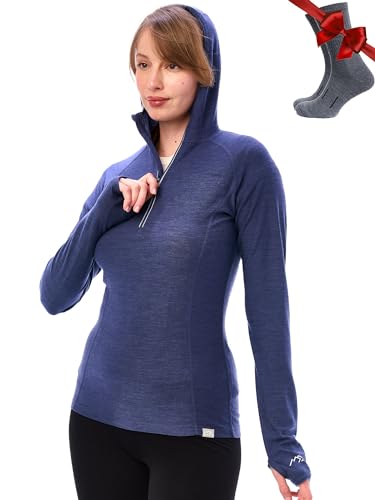 Merino.tech Merino Kapuzenpullover Damen - Merino Hoodie, Thermo Shirt Damen Langarm mit Kapuze (Small, 190 Windsor Blue) von Merino.tech