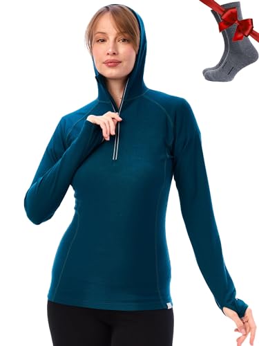 Merino.tech Merino Kapuzenpullover Damen - Merino Hoodie, Thermo Shirt Damen Langarm mit Kapuze (X-Large, 190 Deep Teal) von Merino.tech