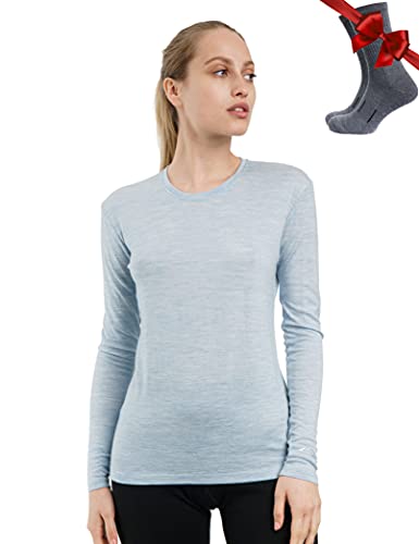 Merino.tech Merino Shirt Damen Langarm - Premium 100% Merino Unterwäsche Damen Langarmshirt, Sportunterhemden + Wollsocken (Large, 165 Arctic) von Merino.tech