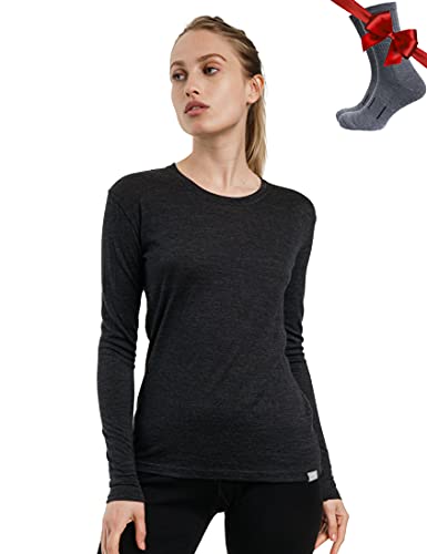 Merino.tech Merino Shirt Damen Langarm - Premium 100% Merino Unterwäsche Damen Langarmshirt, Sportunterhemden + Wollsocken (Medium, 165 Charcoal) von Merino.tech