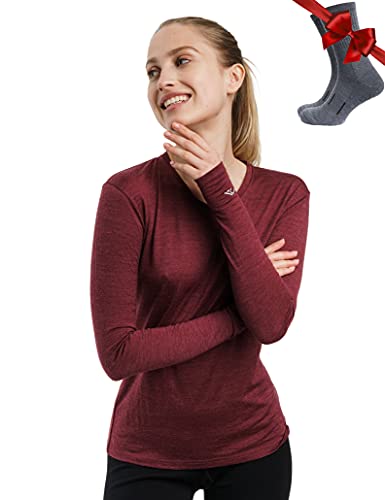 Merino.tech Merino Shirt Damen Langarm - Premium 100% Merino Unterwäsche Damen Langarmshirt, Sportunterhemden + Wollsocken (Small, 165 Burgundy) von Merino.tech