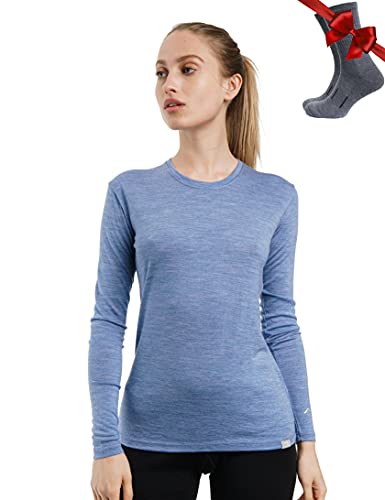 Merino.tech Merino Shirt Damen Langarm - Premium 100% Merino Unterwäsche Damen Langarmshirt, Sportunterhemden + Wollsocken (Small, 165 Deep Blue) von Merino.tech