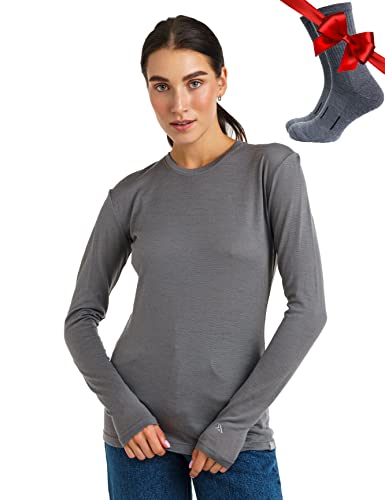 Merino.tech Merino Shirt Damen Langarm - Premium 100% Merino Unterwäsche Damen Langarmshirt, Sportunterhemden + Wollsocken (Small, 165 Perfect Grey) von Merino.tech