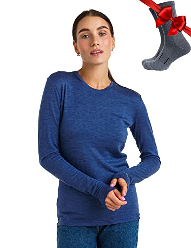 Merino.tech Merino Shirt Damen Langarm - Premium 100% Merino Unterwäsche Damen Langarmshirt, Sportunterhemden + Wollsocken (Small, 165 Windsor Blue) von Merino.tech
