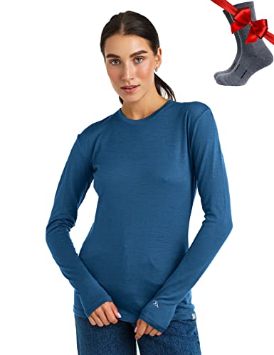 Merino.tech Merino Shirt Damen Langarm - Premium 100% Merino Unterwäsche Damen Langarmshirt, Sportunterhemden + Wollsocken (XX-Large, 165 Denim Blue) von Merino.tech