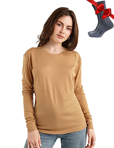 Merino.tech Merino Shirt Damen Langarm - Premium 100% Merino Unterwäsche Damen Leichte + Wollsocken (Large, 165 Camel) von Merino.tech