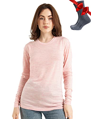 Merino.tech Merino Shirt Damen Langarm - Premium 100% Merino Unterwäsche Damen Leichte + Wollsocken (Large, 165 Pink Heather) von Merino.tech