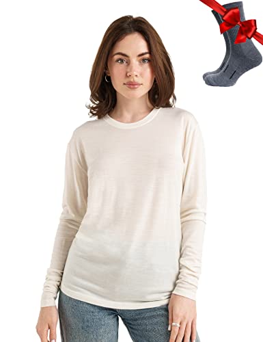 Merino.tech Merino Shirt Damen Langarm - Premium 100% Merino Unterwäsche Damen Leichte + Wollsocken (Large, 165 Snow White) von Merino.tech