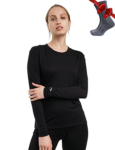 Merino.tech Merino Shirt Damen Langarm - Premium 100% Merino Unterwäsche Damen Langarmshirt, Sportunterhemden + Wollsocken (Medium, 165 Black) von Merino.tech