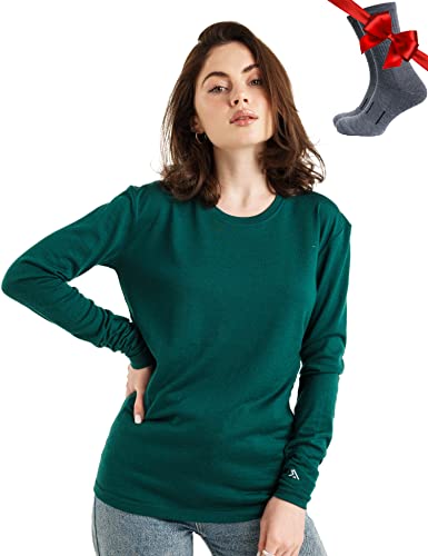 Merino.tech Merino Shirt Damen Langarm - Premium 100% Merino Unterwäsche Damen Langarmshirt, Sportunterhemden + Wollsocken (Medium, 165 Forest Green) von Merino.tech