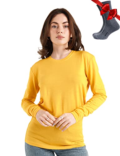 Merino.tech Merino Shirt Damen Langarm - Premium 100% Merino Unterwäsche Damen Leichte + Wollsocken (Medium, 165 Gold) von Merino.tech