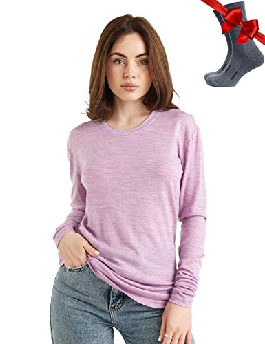 Merino.tech Merino Shirt Damen Langarm - Premium 100% Merino Unterwäsche Damen Leichte + Wollsocken (Medium, 165 Heather Lilac) von Merino.tech