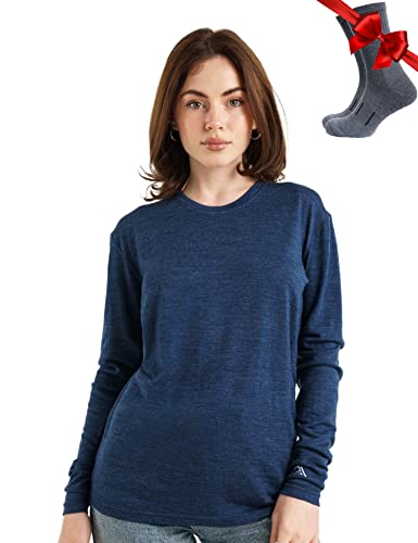 Merino.tech Merino Shirt Damen Langarm - Premium 100% Merino Unterwäsche Damen Leichte + Wollsocken (Medium, 165 Navy) von Merino.tech