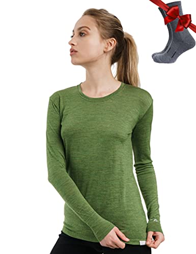 Merino.tech Merino Shirt Damen Langarm - Premium 100% Merino Unterwäsche Damen Langarmshirt, Sportunterhemden + Wollsocken (Small, 165 Green Olive) von Merino.tech