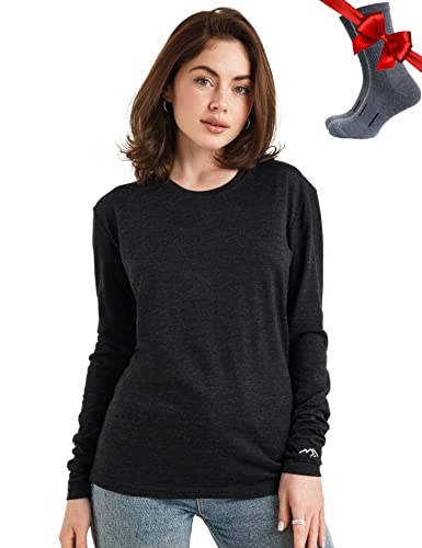 Merino.tech Merino Shirt Damen Langarm - Premium 100% Merino Unterwäsche Damen Leichte + Wollsocken (Small, 165 Heathered Black) von Merino.tech