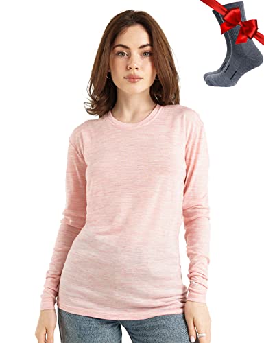 Merino.tech Merino Shirt Damen Langarm - Premium 100% Merino Unterwäsche Damen Leichte + Wollsocken (X-Large, 165 Pink Heather) von Merino.tech