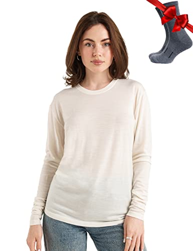 Merino.tech Merino Shirt Damen Langarm - Premium 100% Merino Unterwäsche Damen Leichte + Wollsocken (XX-Large, 165 Off White) von Merino.tech