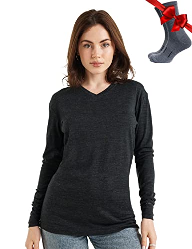 Merino.tech Merino Shirt Damen Langarm - Premium 100% Merino Unterwäsche Damen Leichte V-Ausschnitt + Wollsocken (Large, 165 V-Neck Charcoal) von Merino.tech