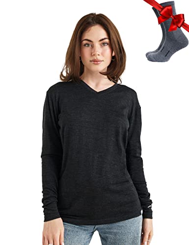 Merino.tech Merino Shirt Damen Langarm - Premium 100% Merino Unterwäsche Damen Leichte V-Ausschnitt + Wollsocken (Large, 165 V-Neck Heathered Black) von Merino.tech