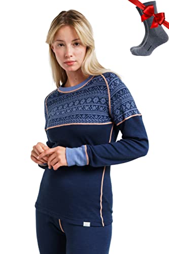 Merino.tech Merino Shirt Damen Langarm - Premium 100% Merino Unterwäsche Damen Mittel + Wollsocken (Large, 250 Nordic Tale Berry) von Merino.tech