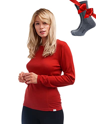 Merino.tech Merino Shirt Damen Langarm - Premium 100% Merino Unterwäsche Damen Mittel + Wollsocken (Medium, 250 Cherry Red) von Merino.tech