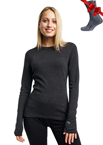 Merino.tech Merino Shirt Damen Langarm - Premium 100% Merino Unterwäsche Damen Langarmshirt, Sportunterhemden + Wollsocken (Medium, Charcoal Grey 250) von Merino.tech
