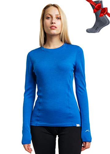 Merino.tech Merino Shirt Damen Langarm - Premium 100% Merino Unterwäsche Damen Mittel + Wollsocken (Medium, Cobalt Blue 250) von Merino.tech