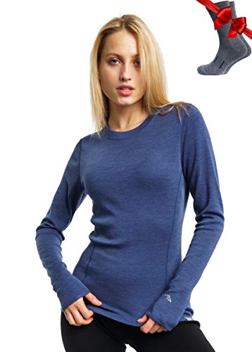 Merino.tech Merino Shirt Damen Langarm - Premium 100% Merino Unterwäsche Damen Mittel + Wollsocken (Medium, Windsor Blue 250) von Merino.tech